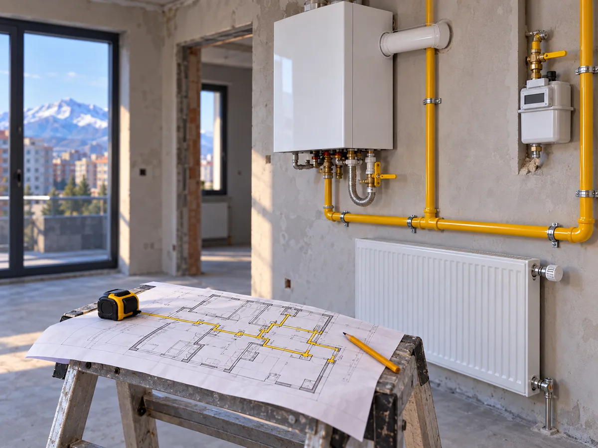 Şantiyede doğalgaz proje planı incelemesi
