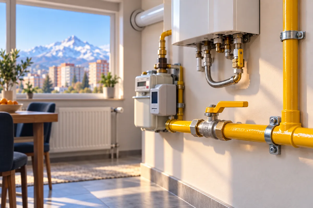 Doğalgaz vanası ve düzgün sabitlenmiş sarı tesisat